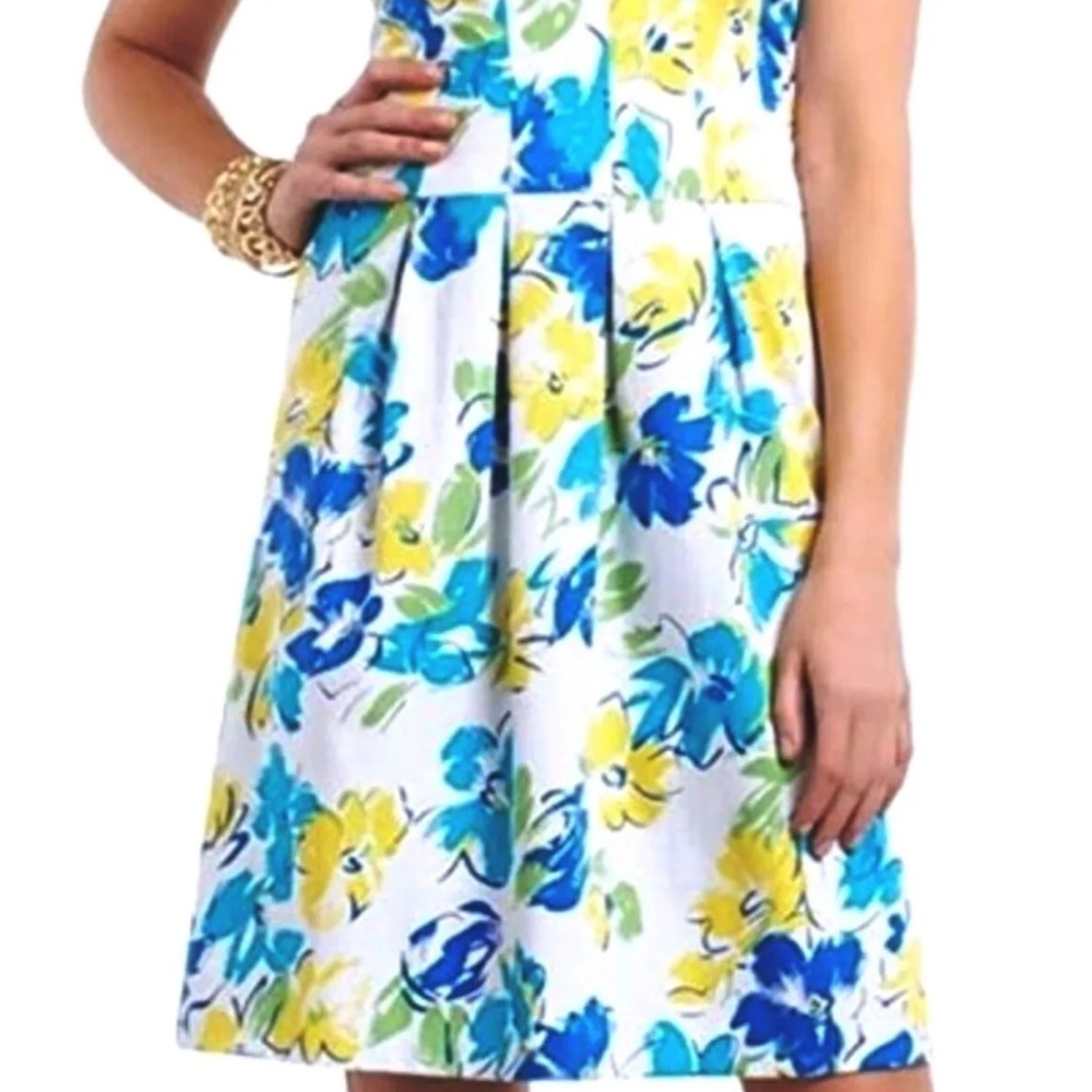 Chaps by Ralph Lauren Womens Designer Floral Watercolor Dress Blue Yellow White, - Picture 5 of 9